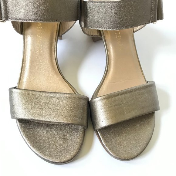Stuart Weitzman Sandals Womens 6.5 Metallic Pewter Gold Leather Open Toe Shoes - Picture 5 of 13